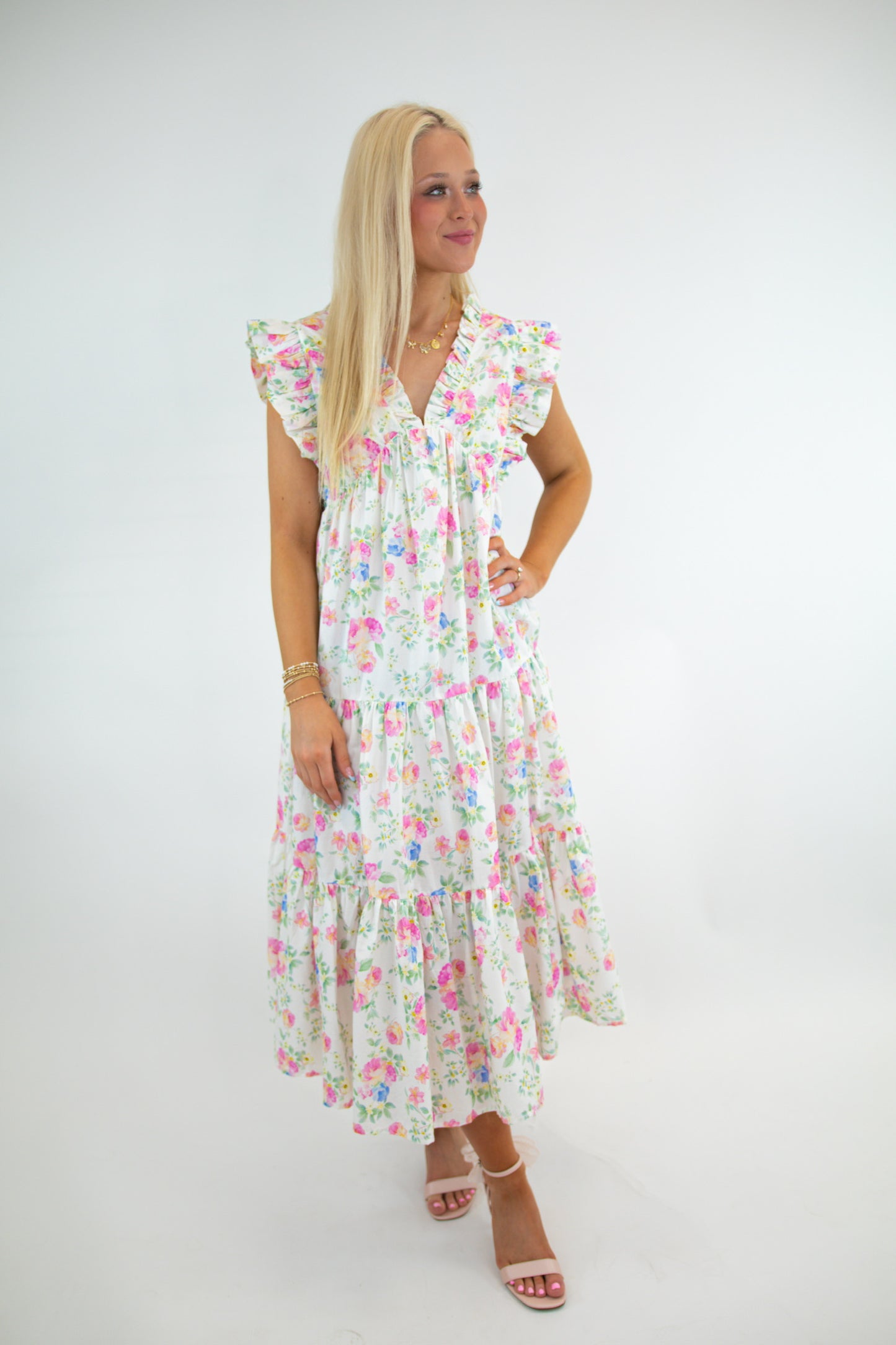 Ivory Pink Floral Flutter Sleeve Dress