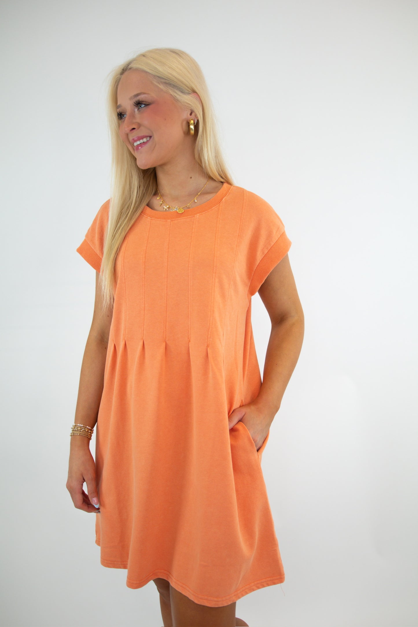 Peach Pleated Casual Dress