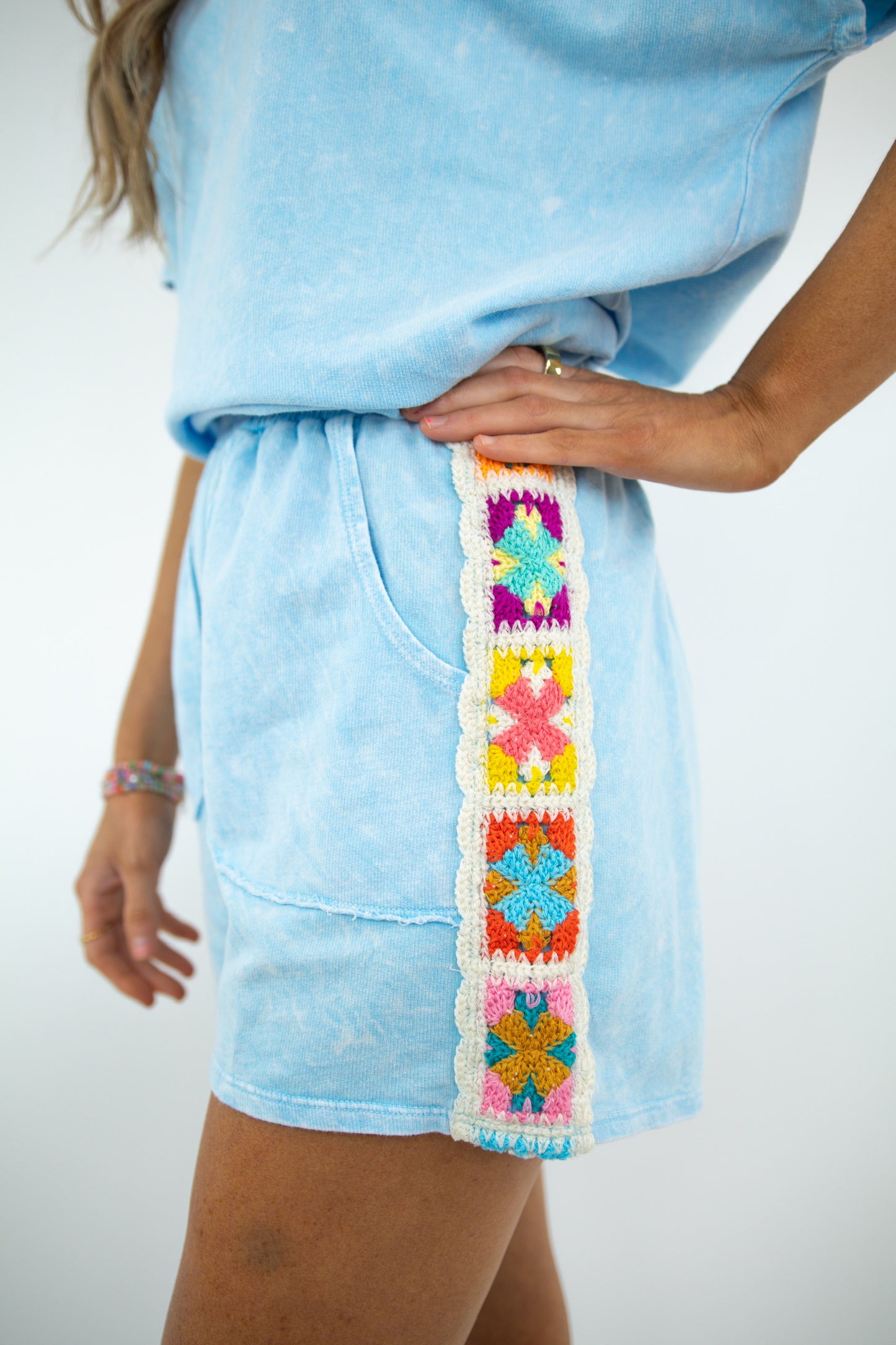 Baby Blue Mineral Wash Crochet Shorts