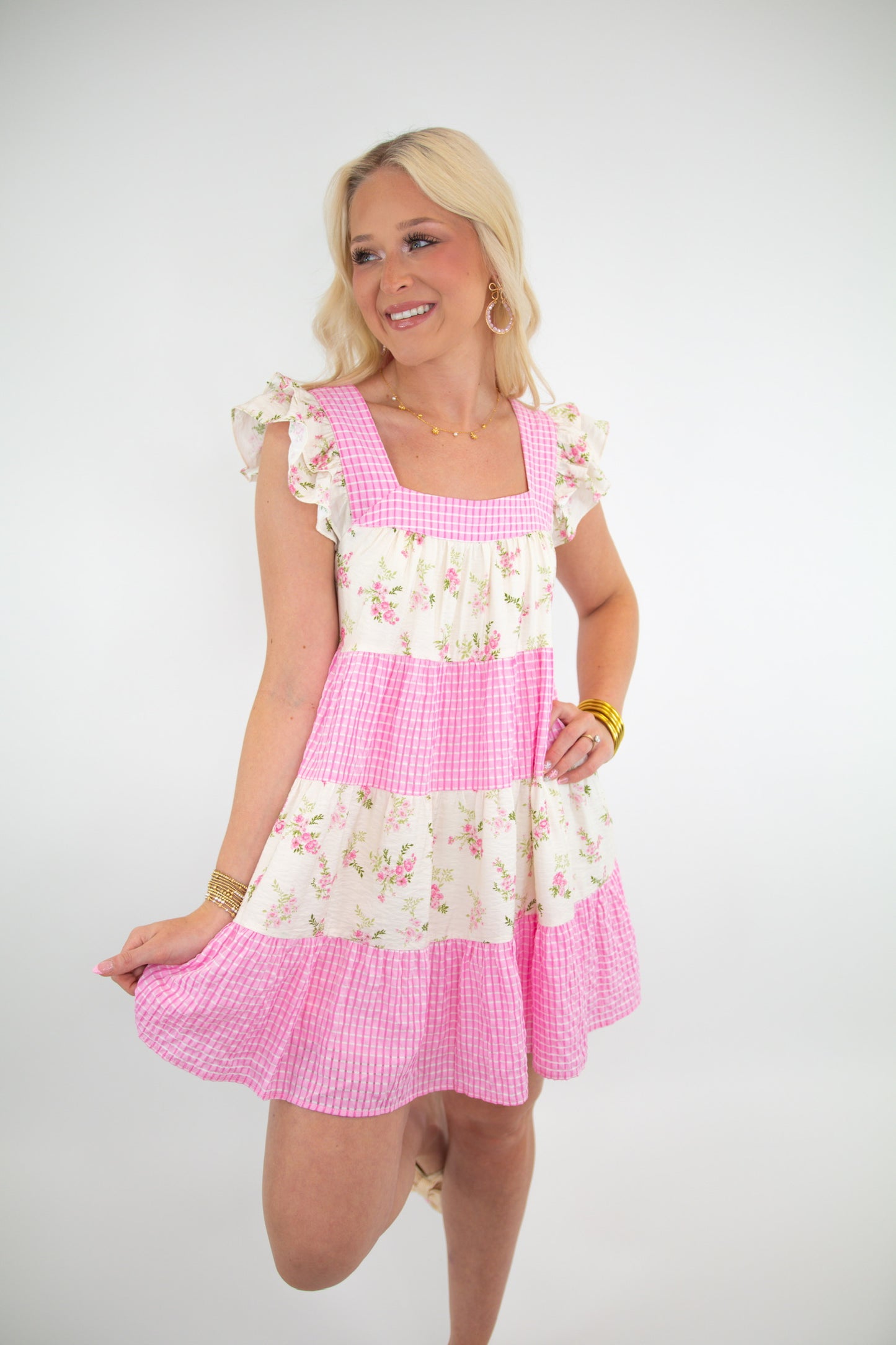 Pink Floral Gingham Dress