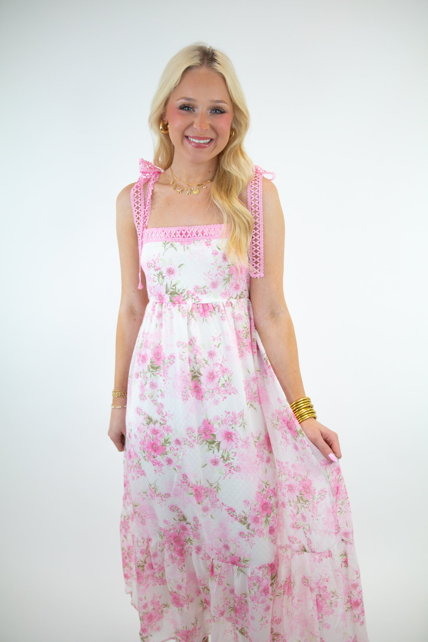 Pink Floral Crochet Lace Strap Maxi Dress