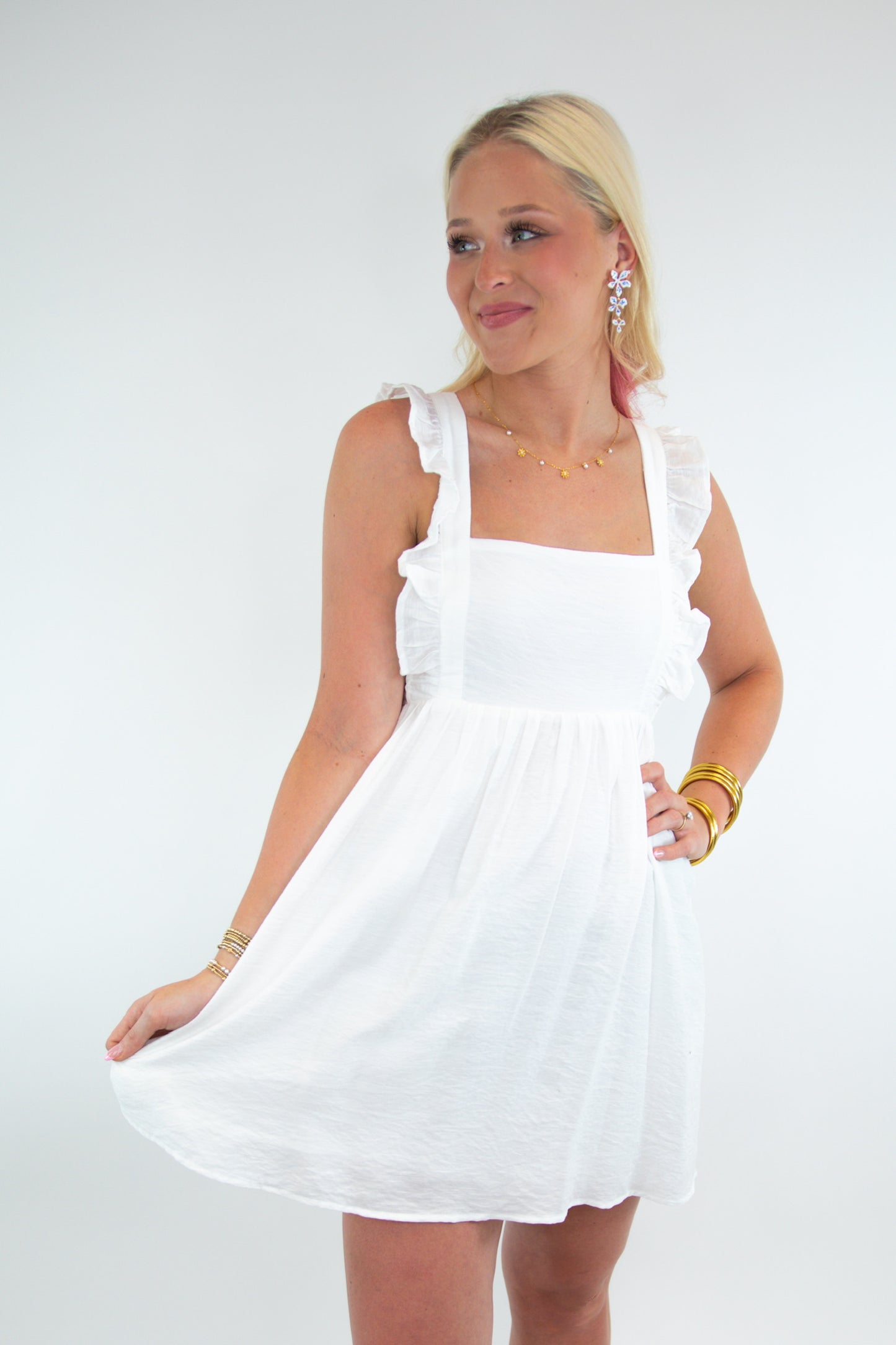 White Ruffle Tie Back Baby Doll Mini Dress