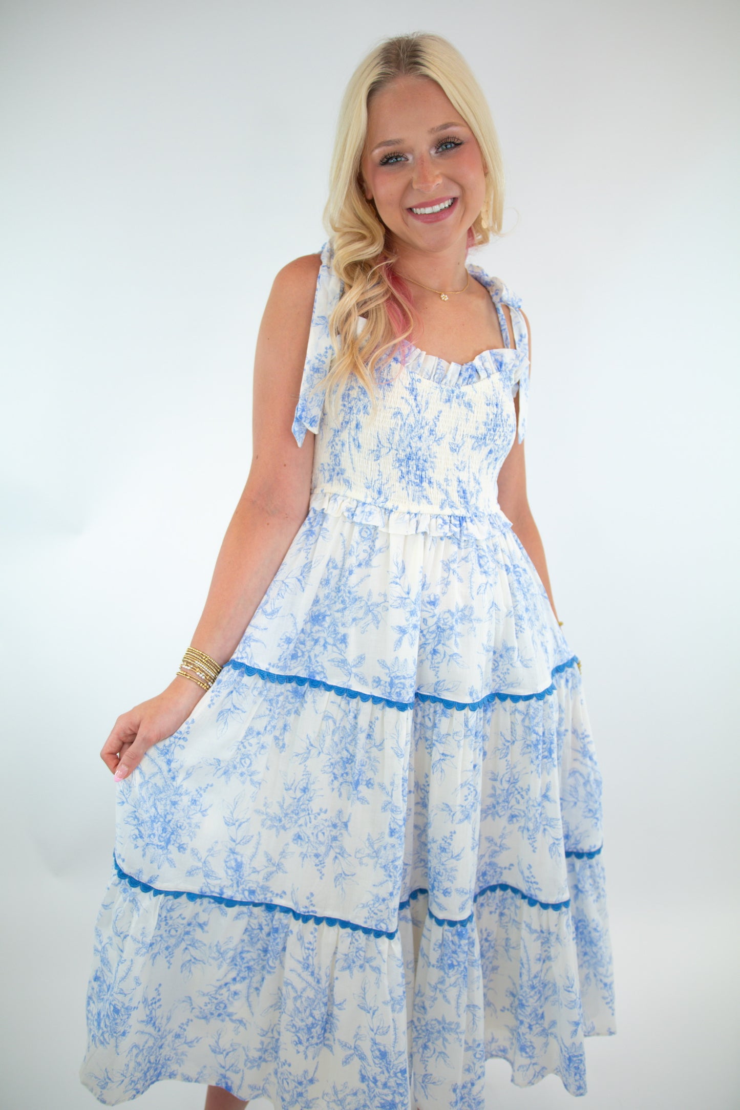 Blue Floral Smocked Ruffle Trim Midi Dress