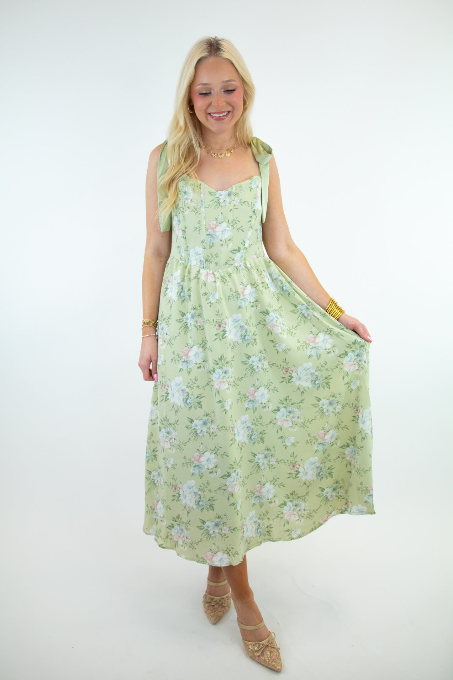 Floral Olive Ribbon Tie Dress