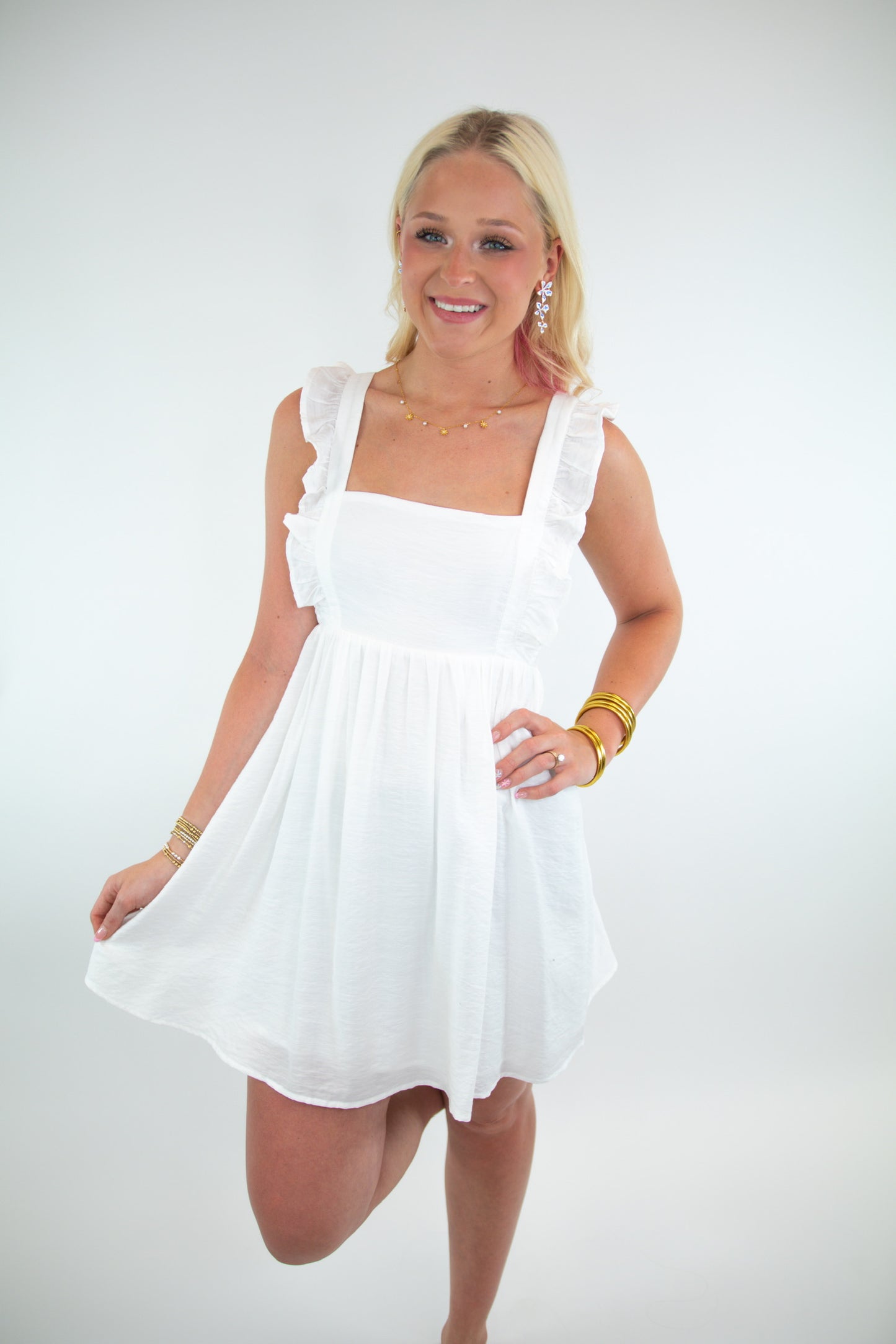 White Ruffle Tie Back Baby Doll Mini Dress