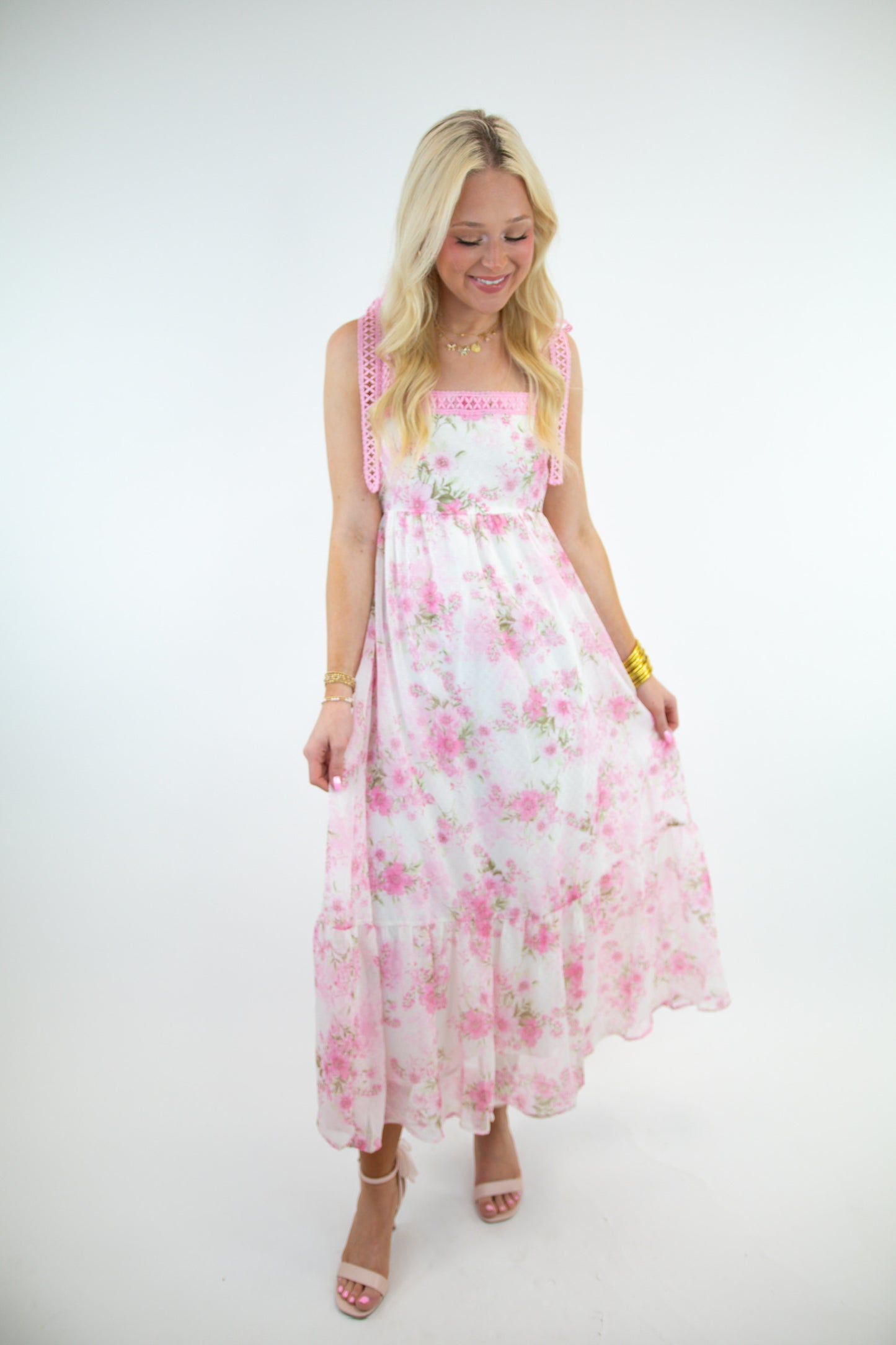 Pink Floral Crochet Lace Strap Maxi Dress