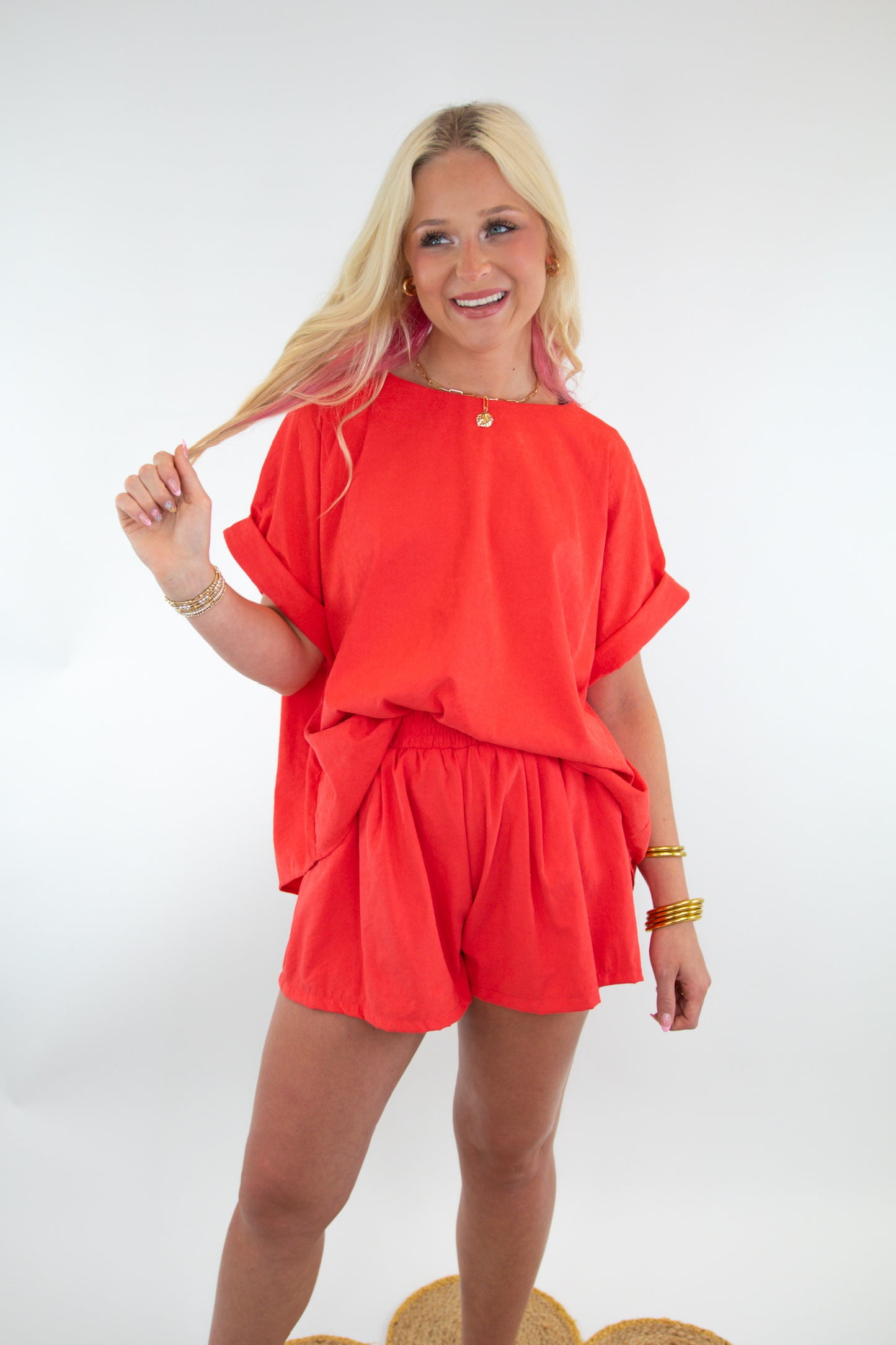 Coral Oversized Top & Belted Shorts Set