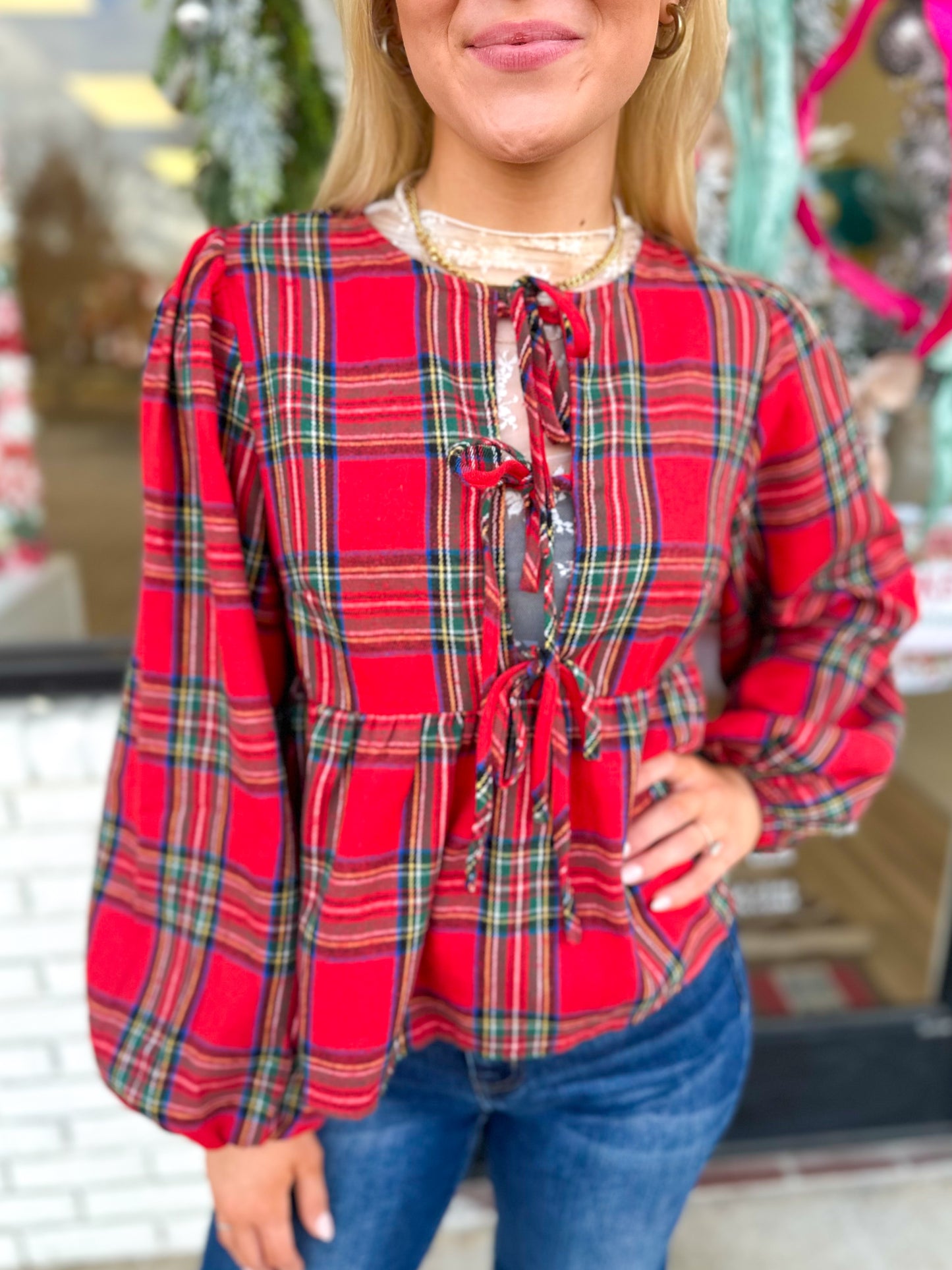 Red and Green Plaid Bow Tie Top