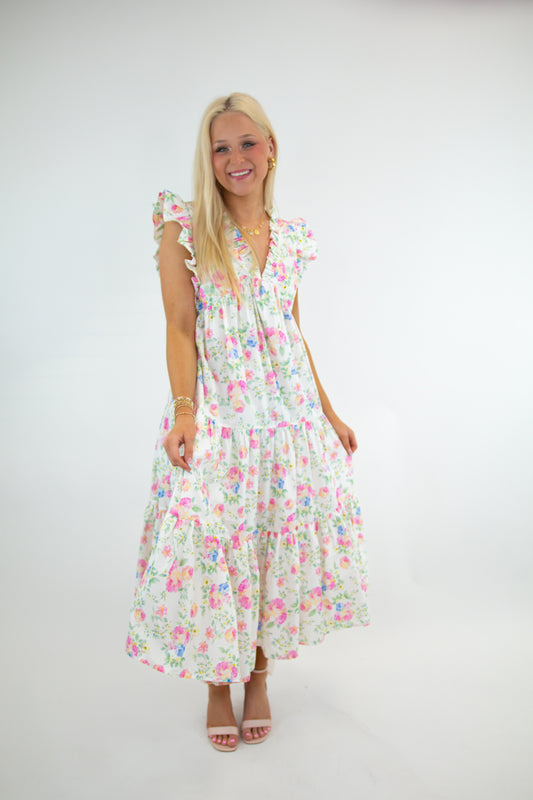 Ivory Pink Floral Flutter Sleeve Dress