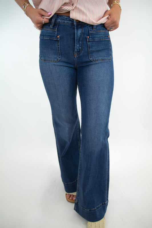 High Rise Wide Leg Patch Pocket Jeans