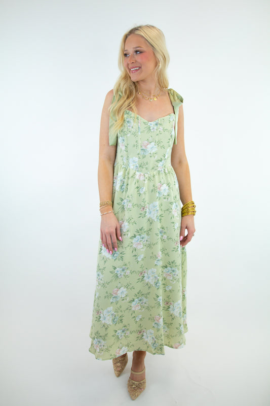 Floral Olive Ribbon Tie Dress