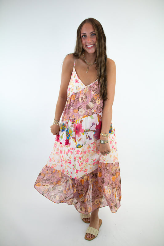 Berry Tiered Mix Print Midi Dress