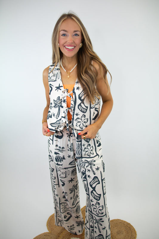 Charcoal Beachy Print Tie Top