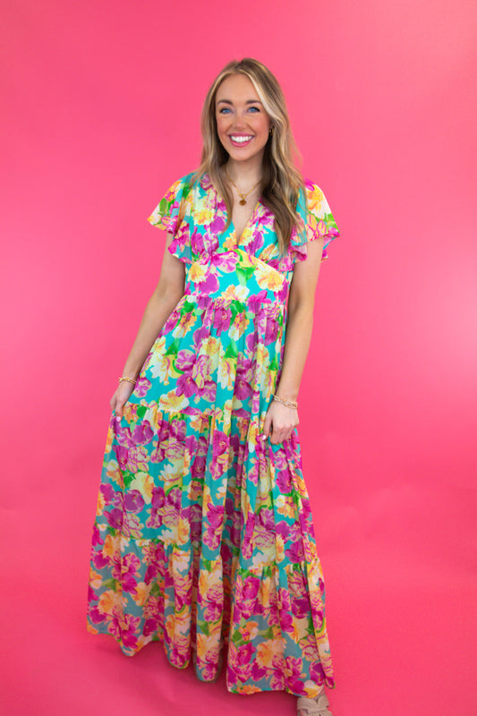 Turquoise Floral Flutter Sleeve Maxi Dress
