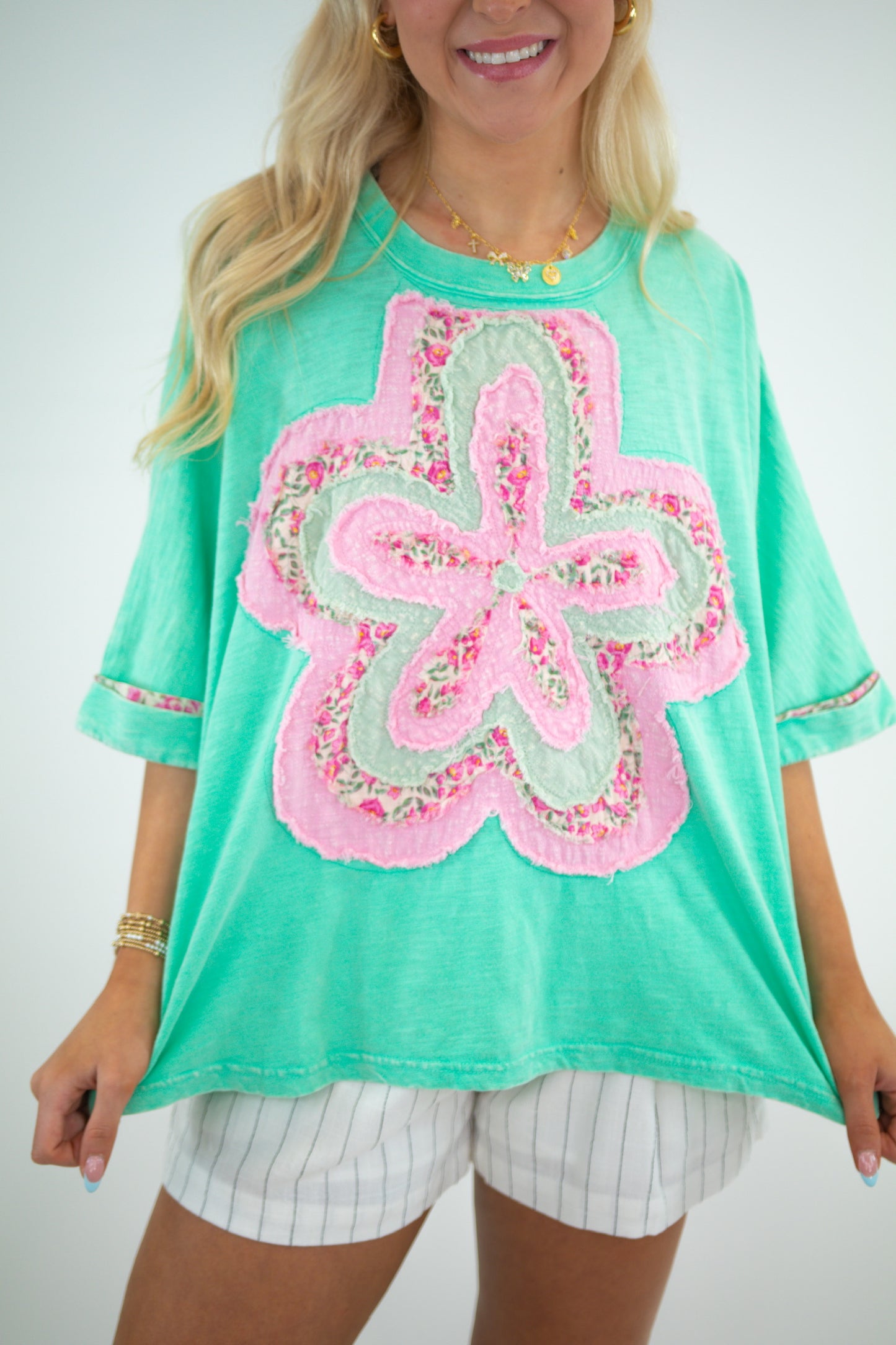 Bright Green Short Sleeve Flower Patch Tee