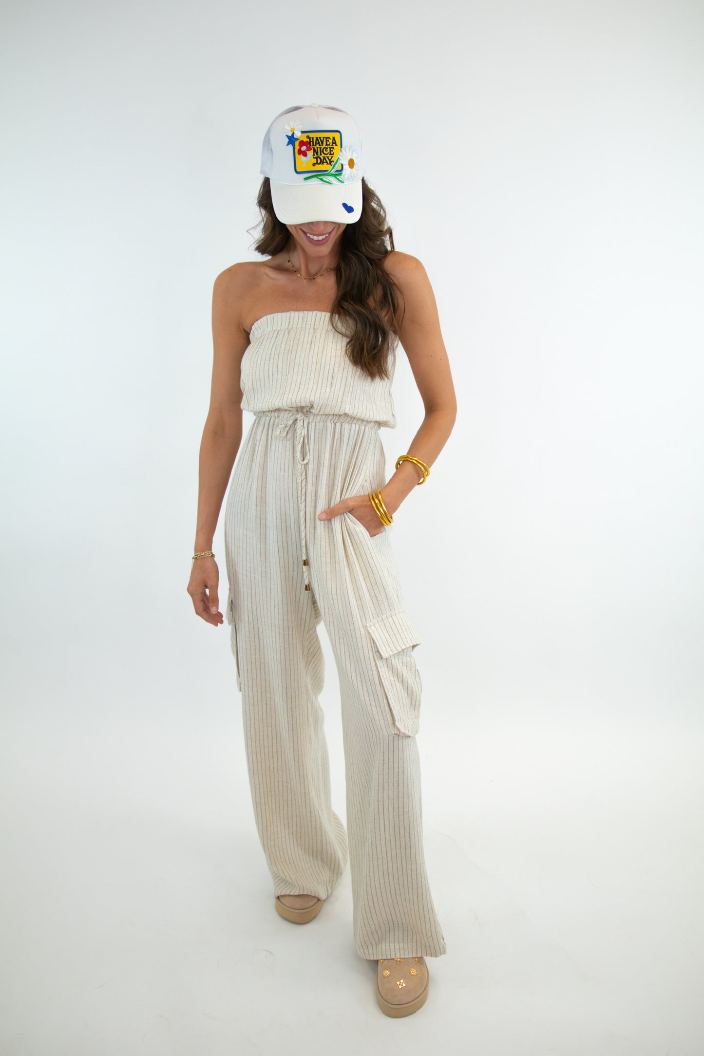 Strapless Pinstripe Linen Jumpsuit