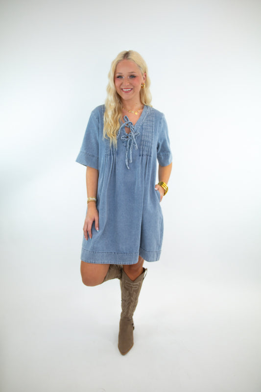 Denim Smocked Washed Knit Dress