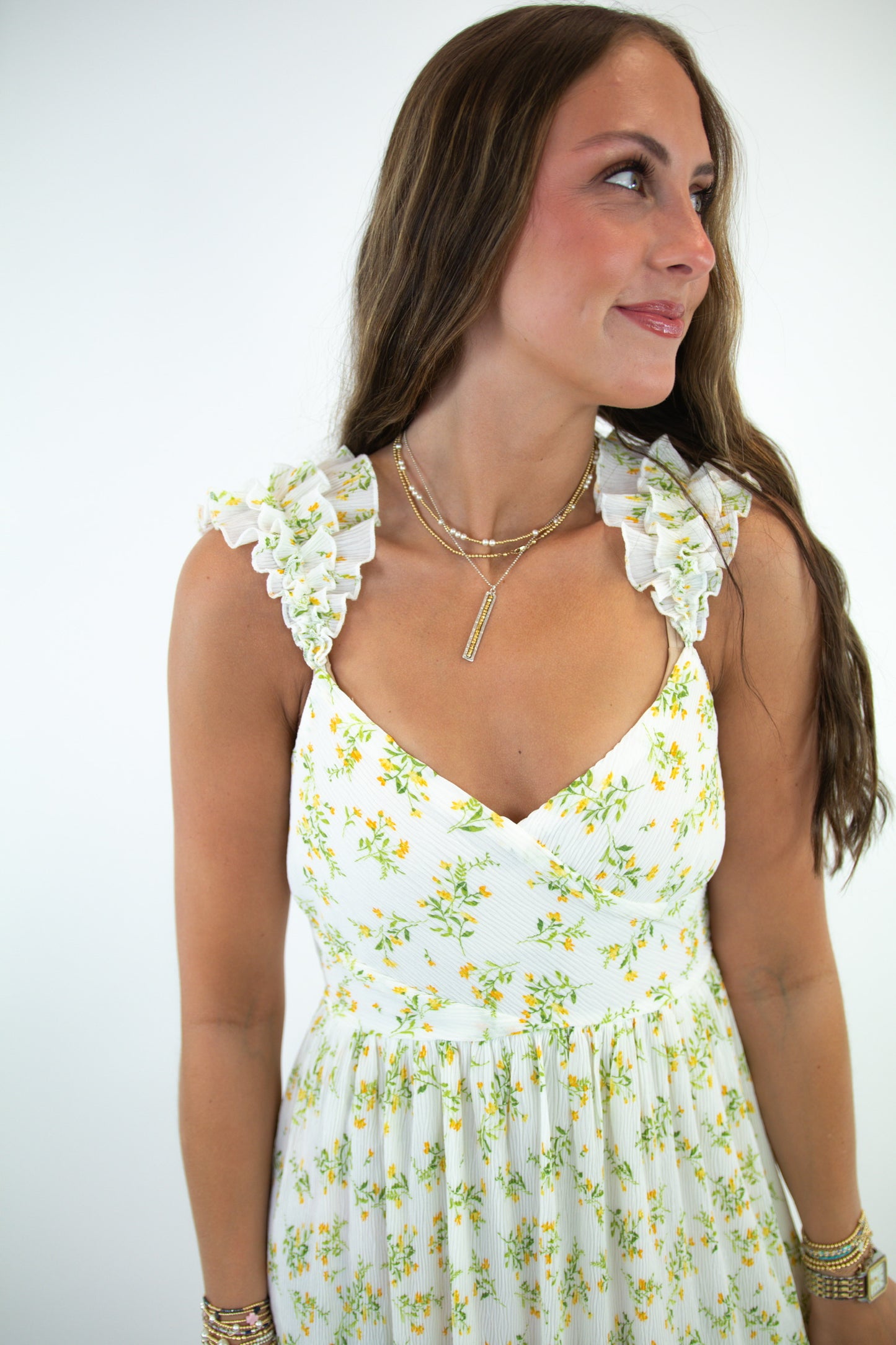 Ivory Spring Florals Ruffle Detail Dress