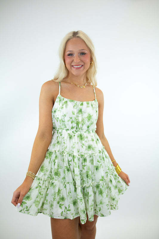 Olive Floral Tiered Mini Dress