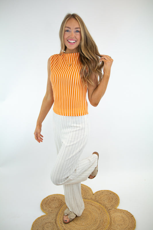 Sleeveless Orange Mock Neck Striped Top