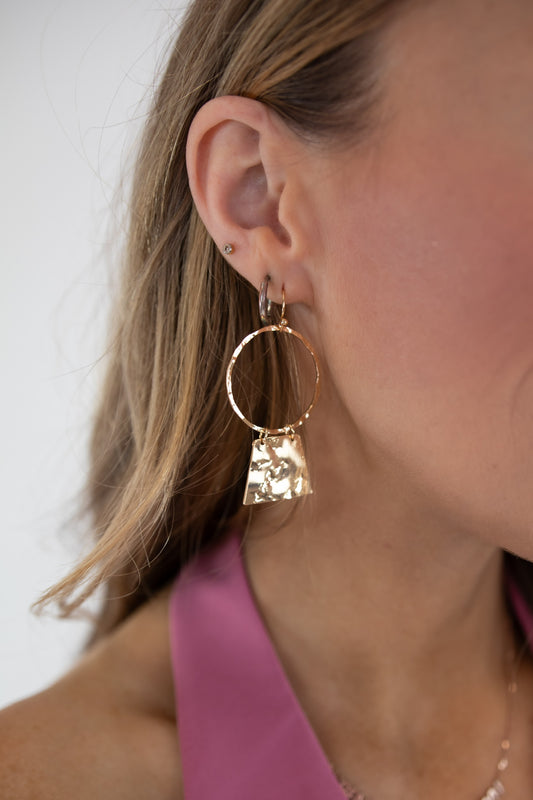Gold Hoop Hammered Dangle Earrings