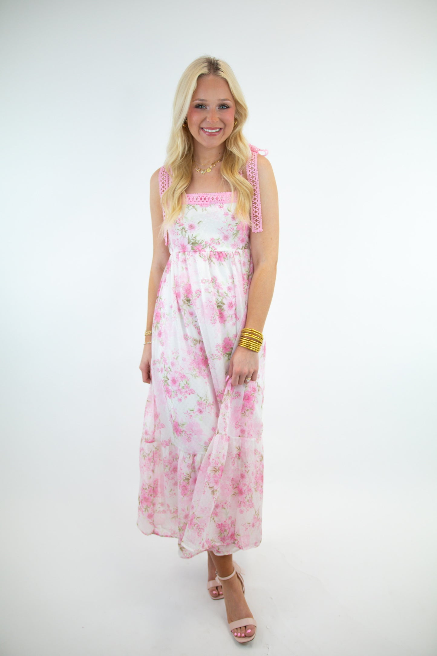 Pink Floral Crochet Lace Strap Maxi Dress