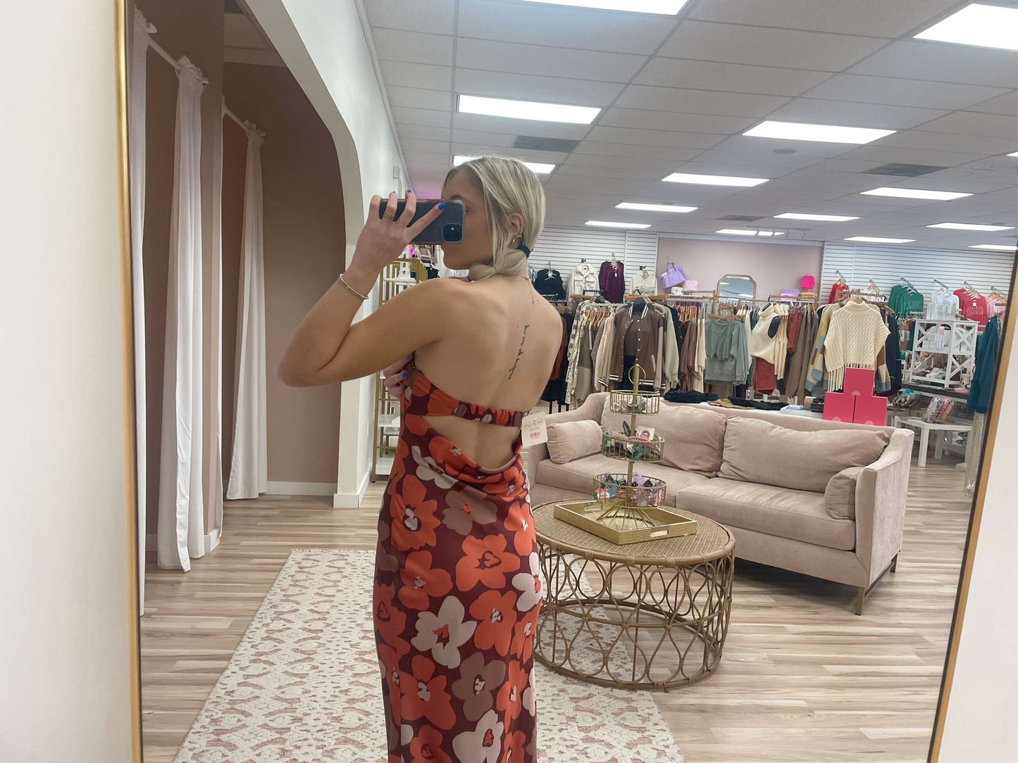 Satin Terra Cotta Floral Midi Slip Dress