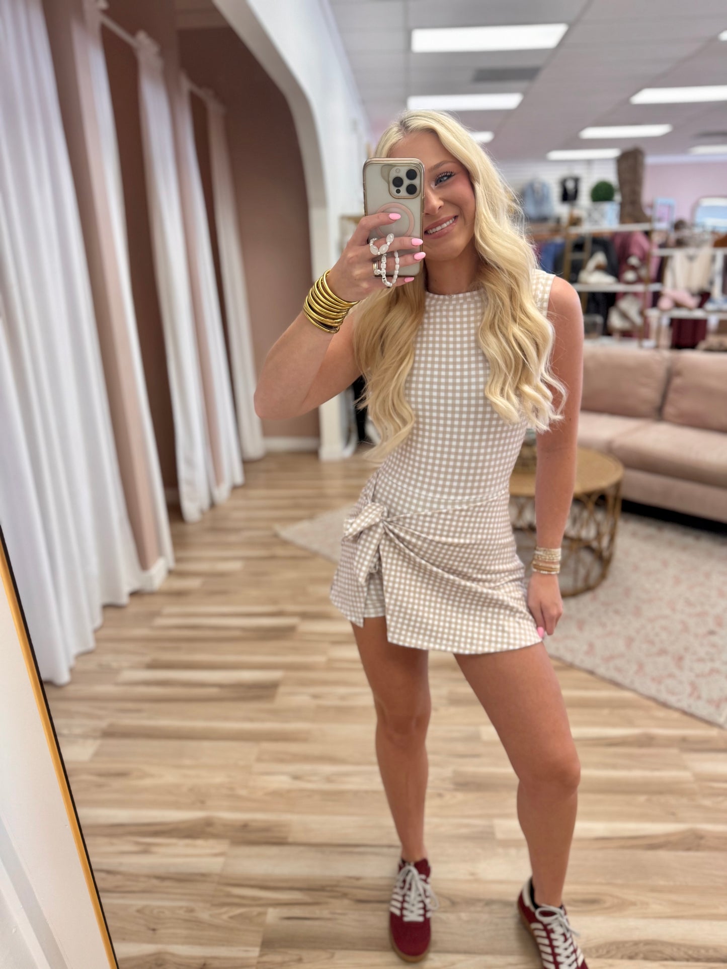 Tan Gingham Wrap Dress