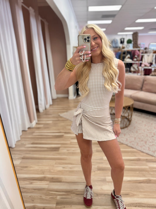 Tan Gingham Wrap Dress