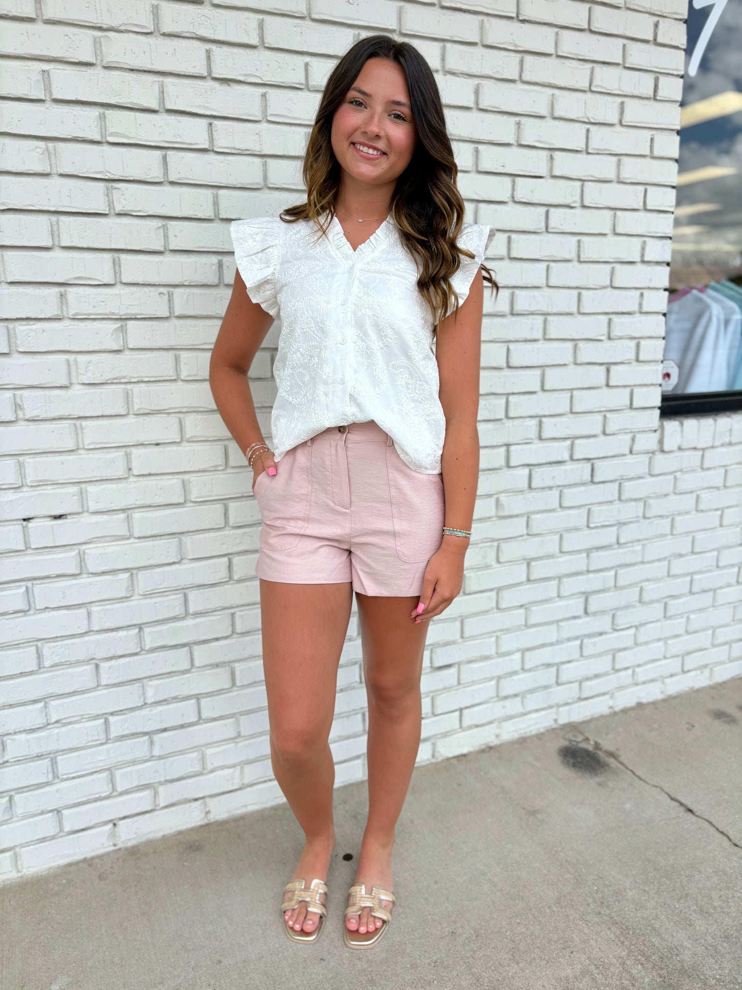 Embroidered Ruffle Sleeve V Neckline Blouse