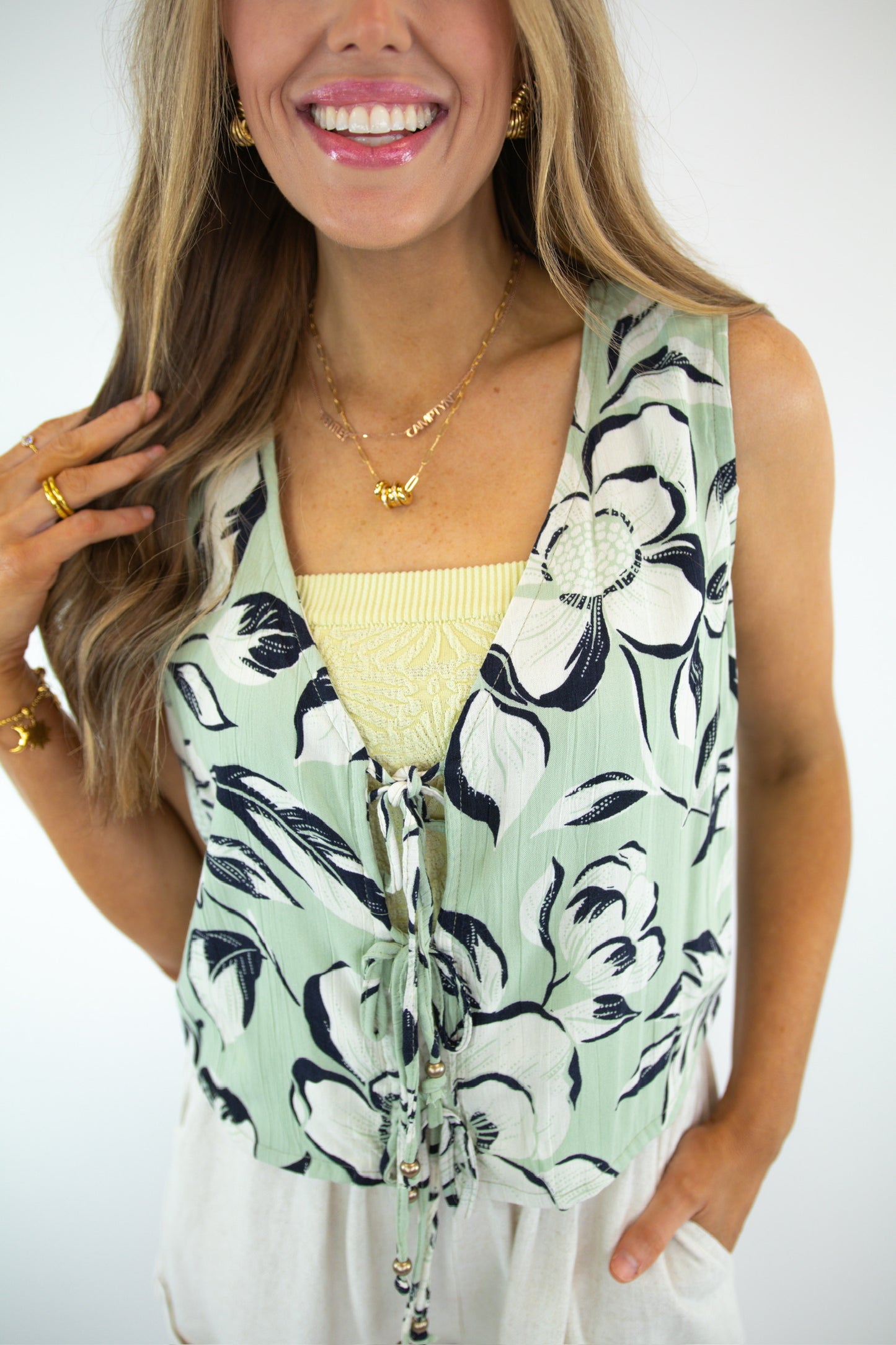 Floral Sage Tie Detail Top