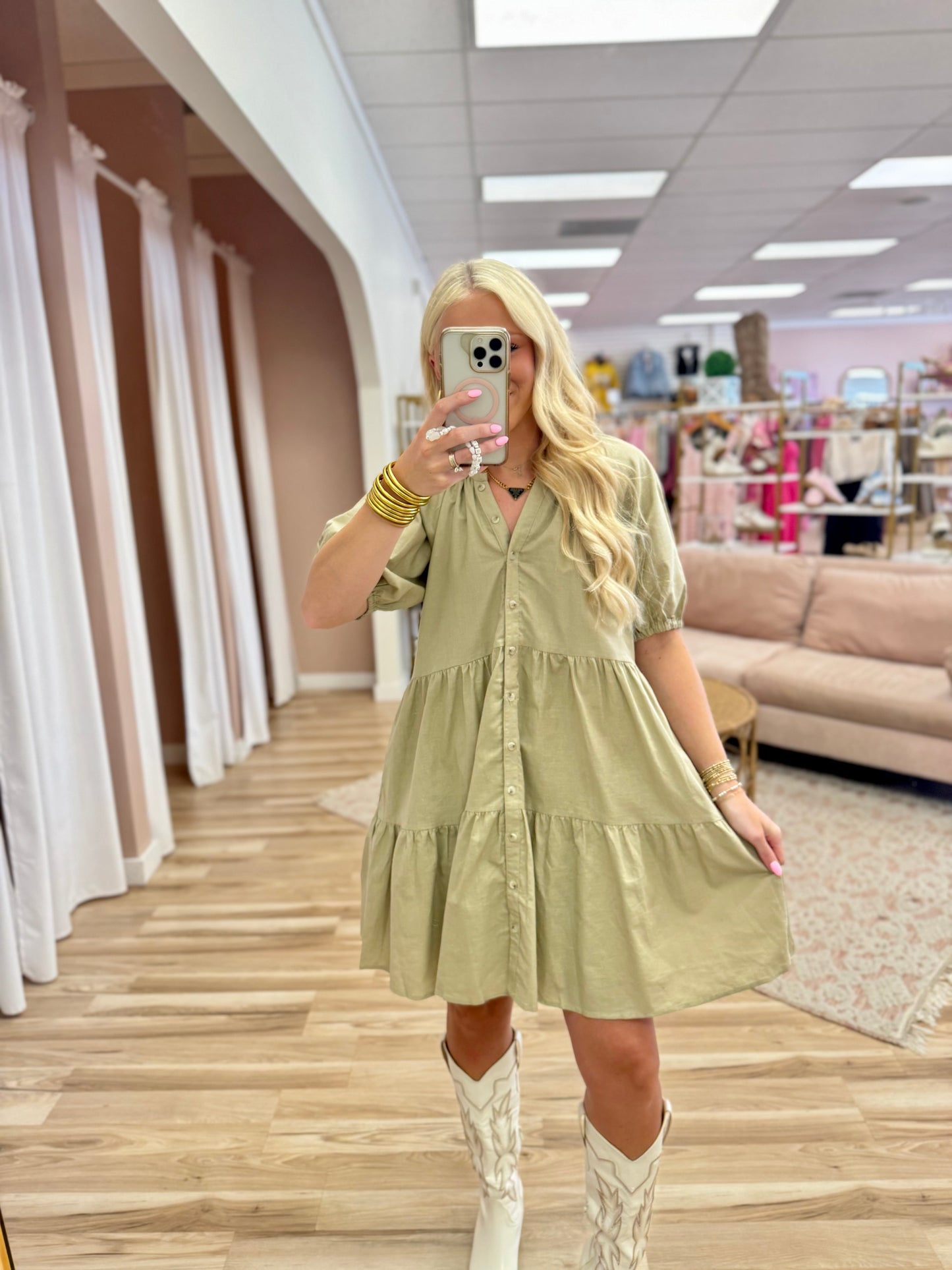 Light Olive Tiered Linen Dress