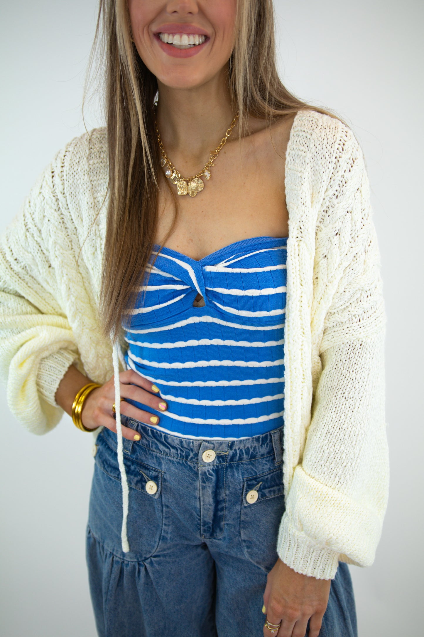 Blue & White Stripe Twist Strapless Top
