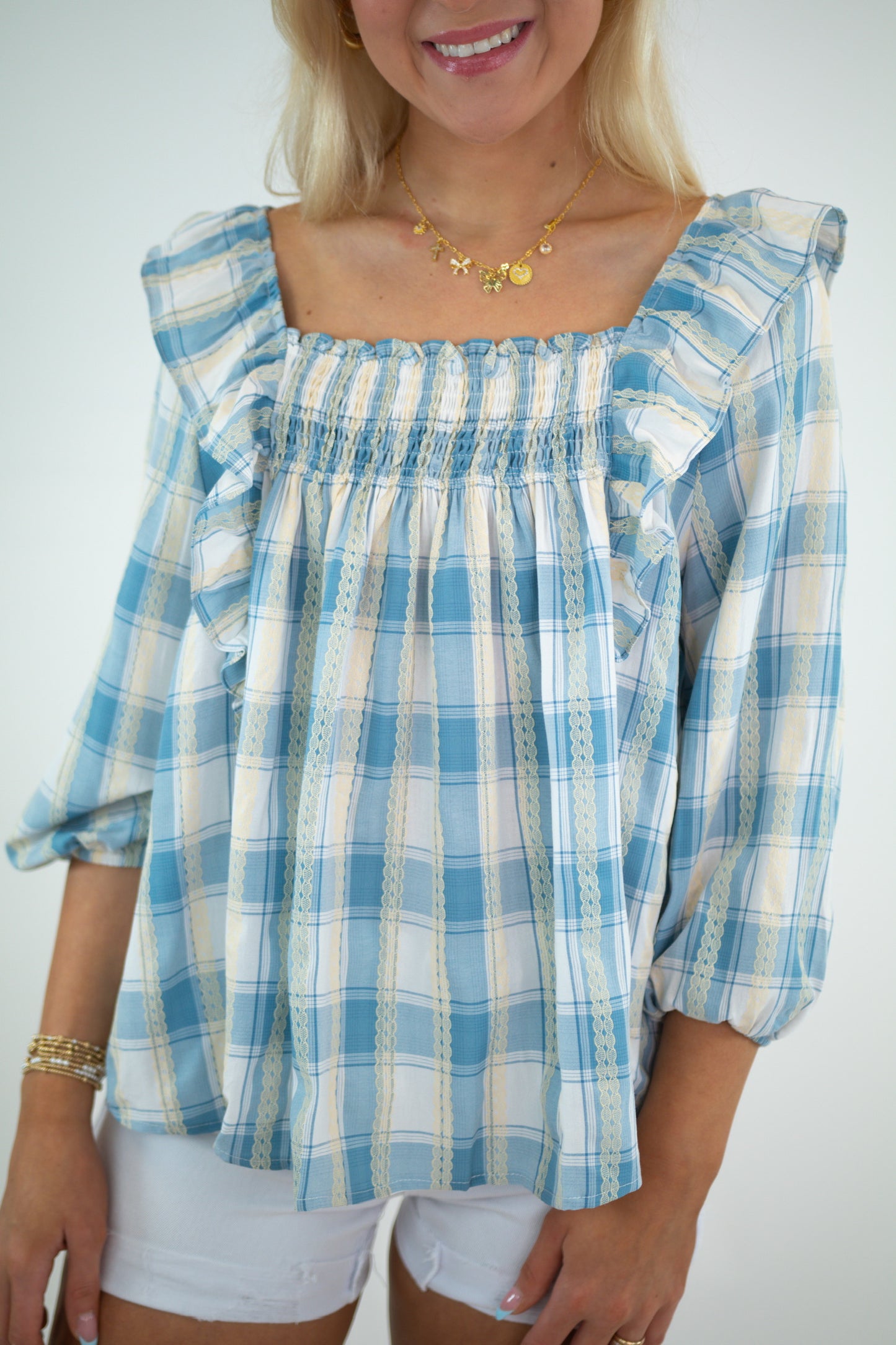 Light Blue Plaid Smocked Top