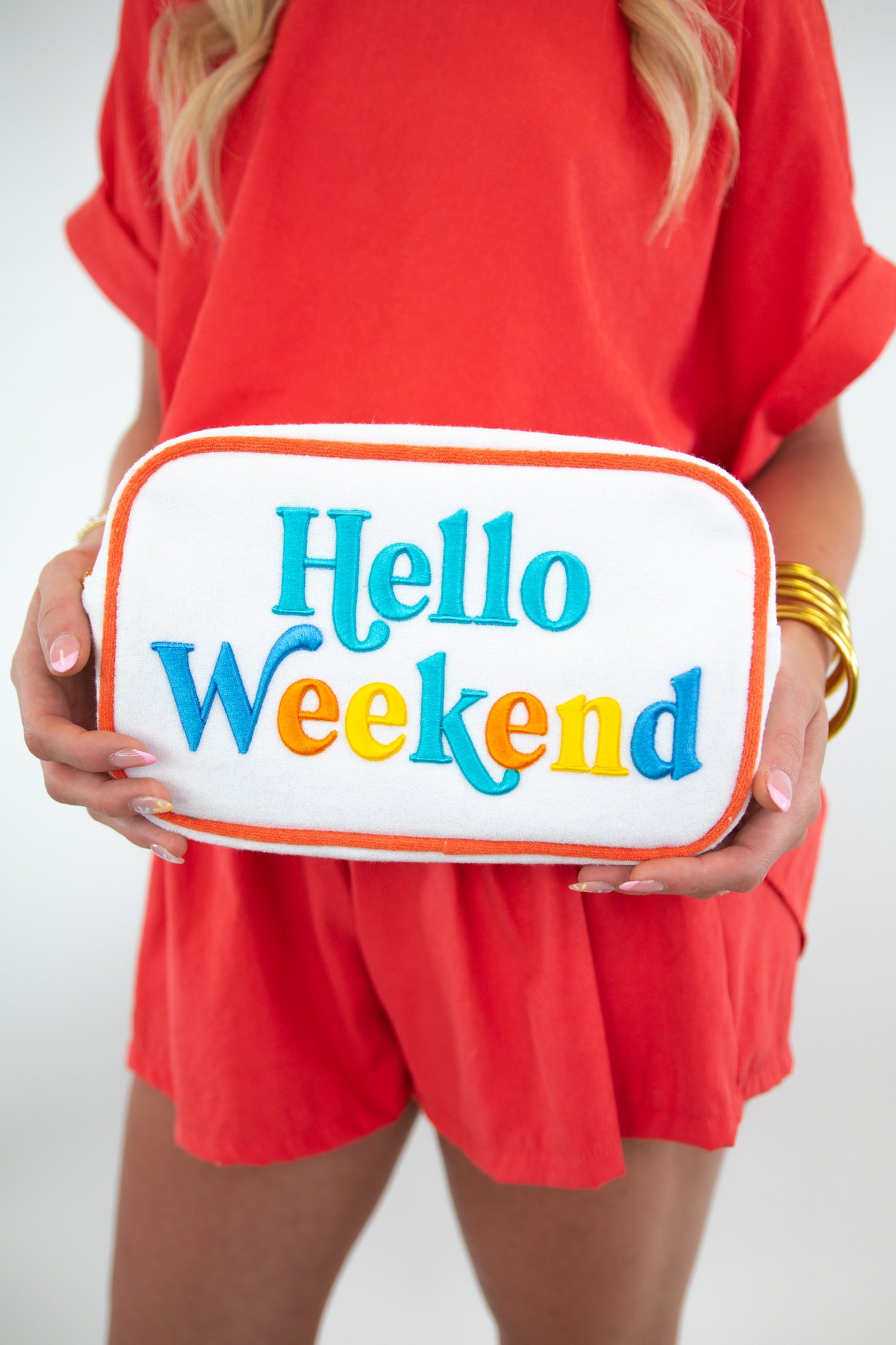 Hello Weekend Embroidered Zip Bag