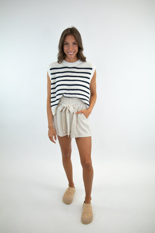White & Navy Striped Knit Top