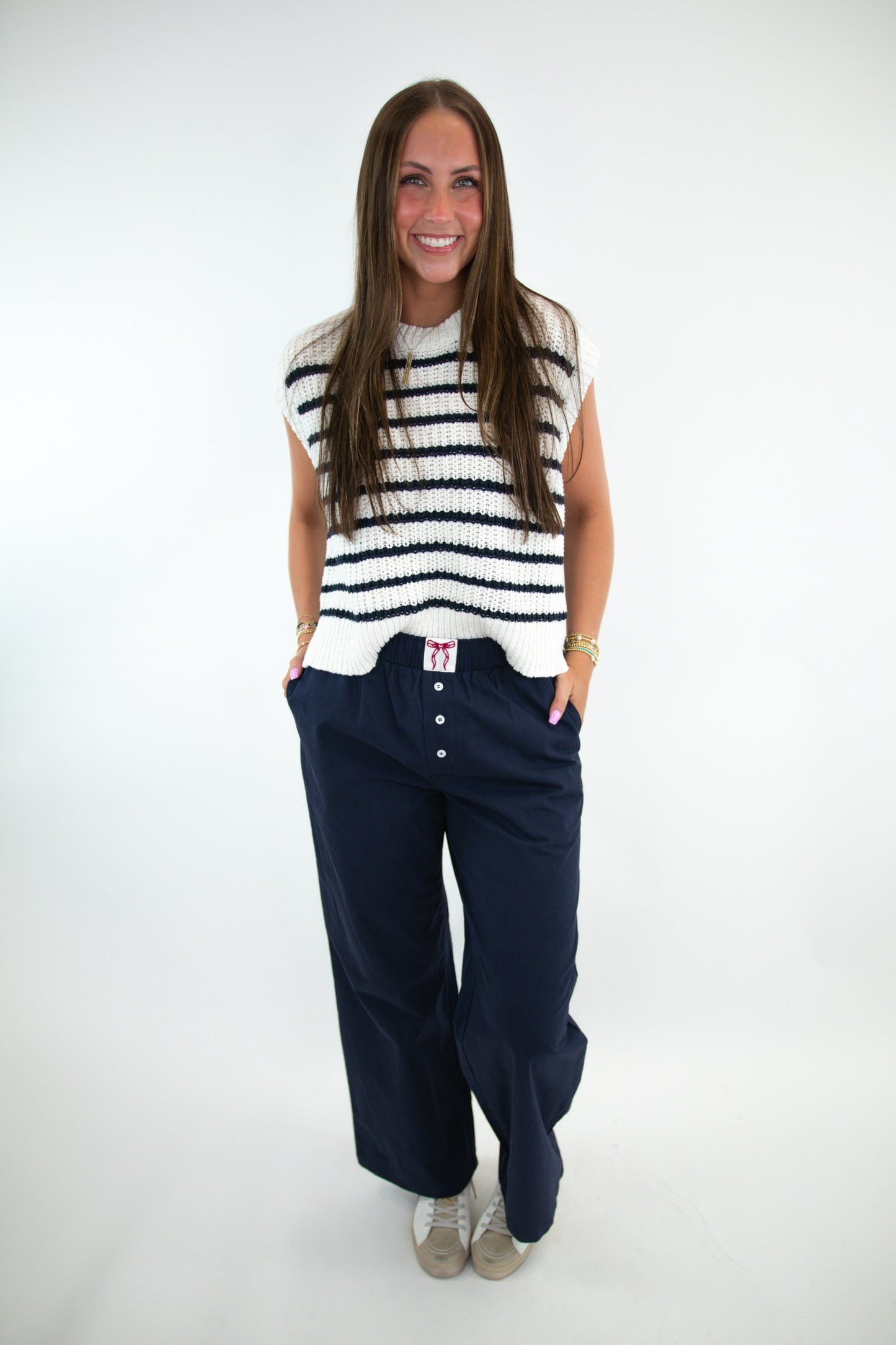 White & Navy Striped Knit Top