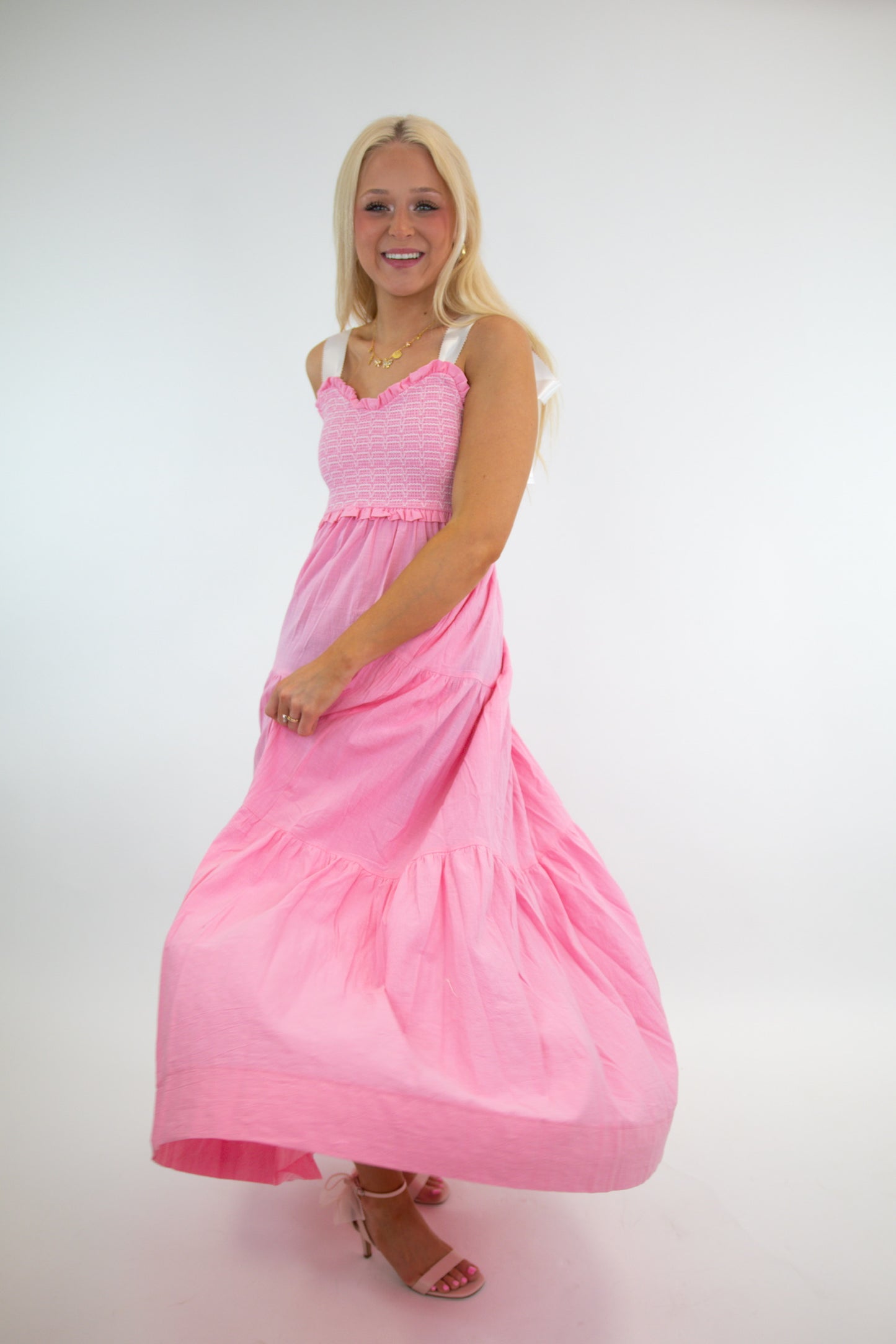 Pink Smocked Bow Tie Maxi Dress