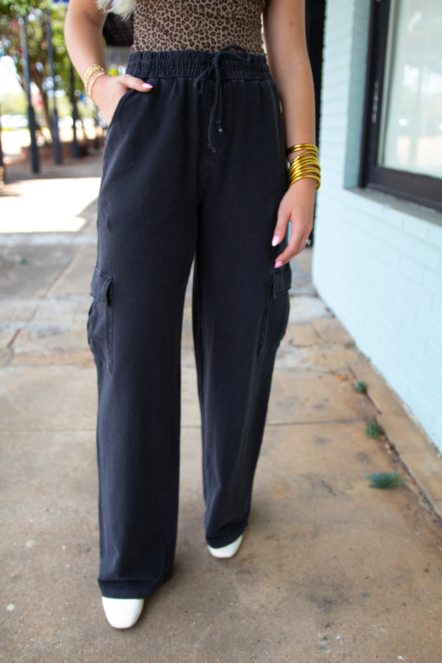 Black Mineral Wash Wide Leg Cargo Pants