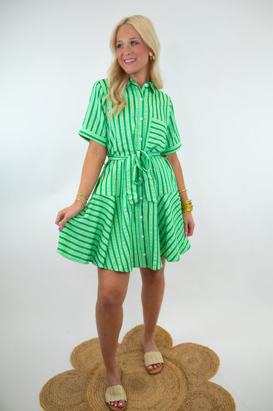 Kelly Green Striped Collared Button Up Dress