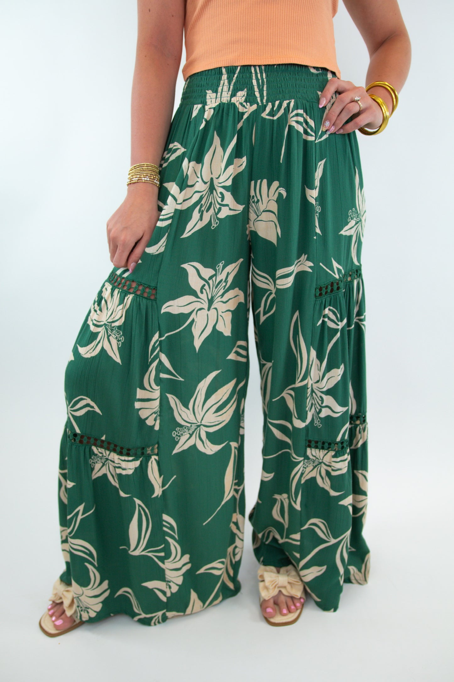 Lace Detail Tropical Wide Leg Pants