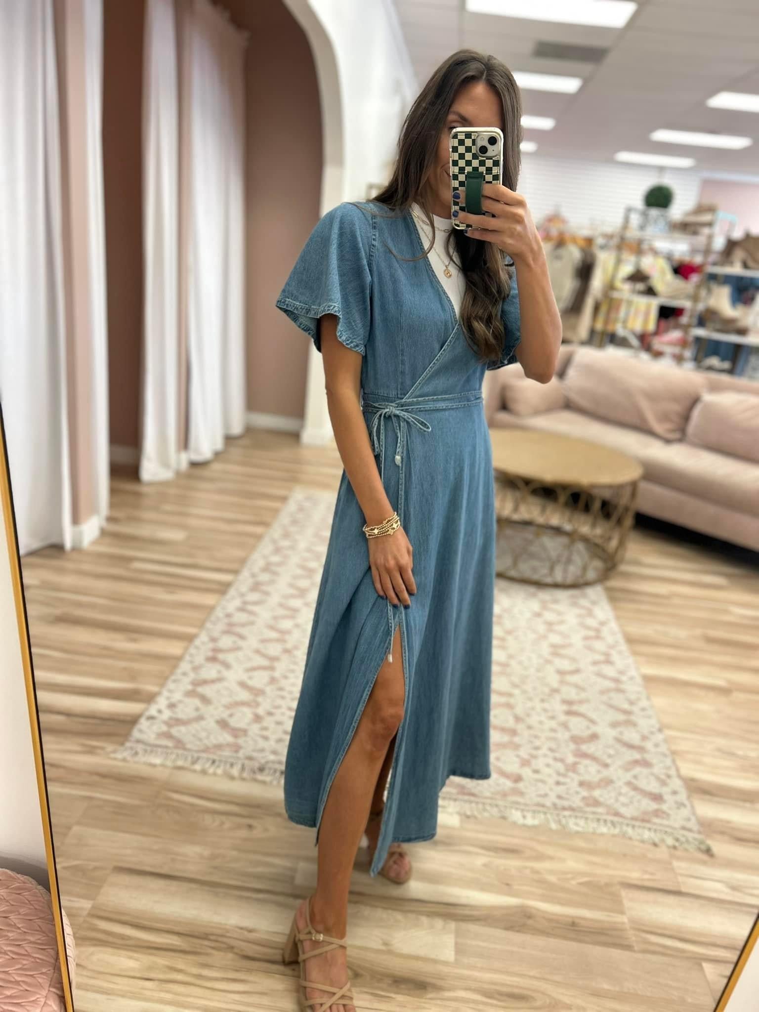 white christmas dresses Denim Wrap Maxi Dress – For The Girls Boutique