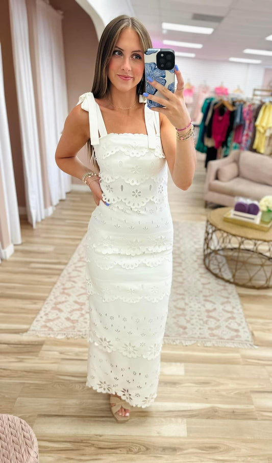 Tiered Scallop White Maxi Dress