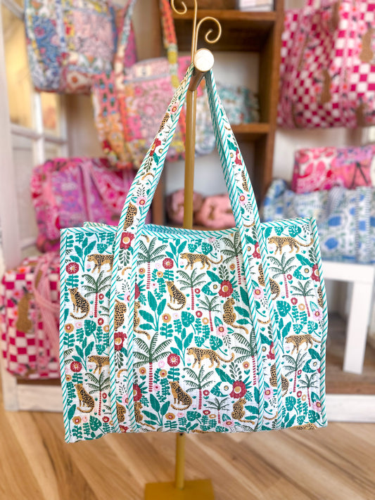 Aqua Jaguar and Palm Tote