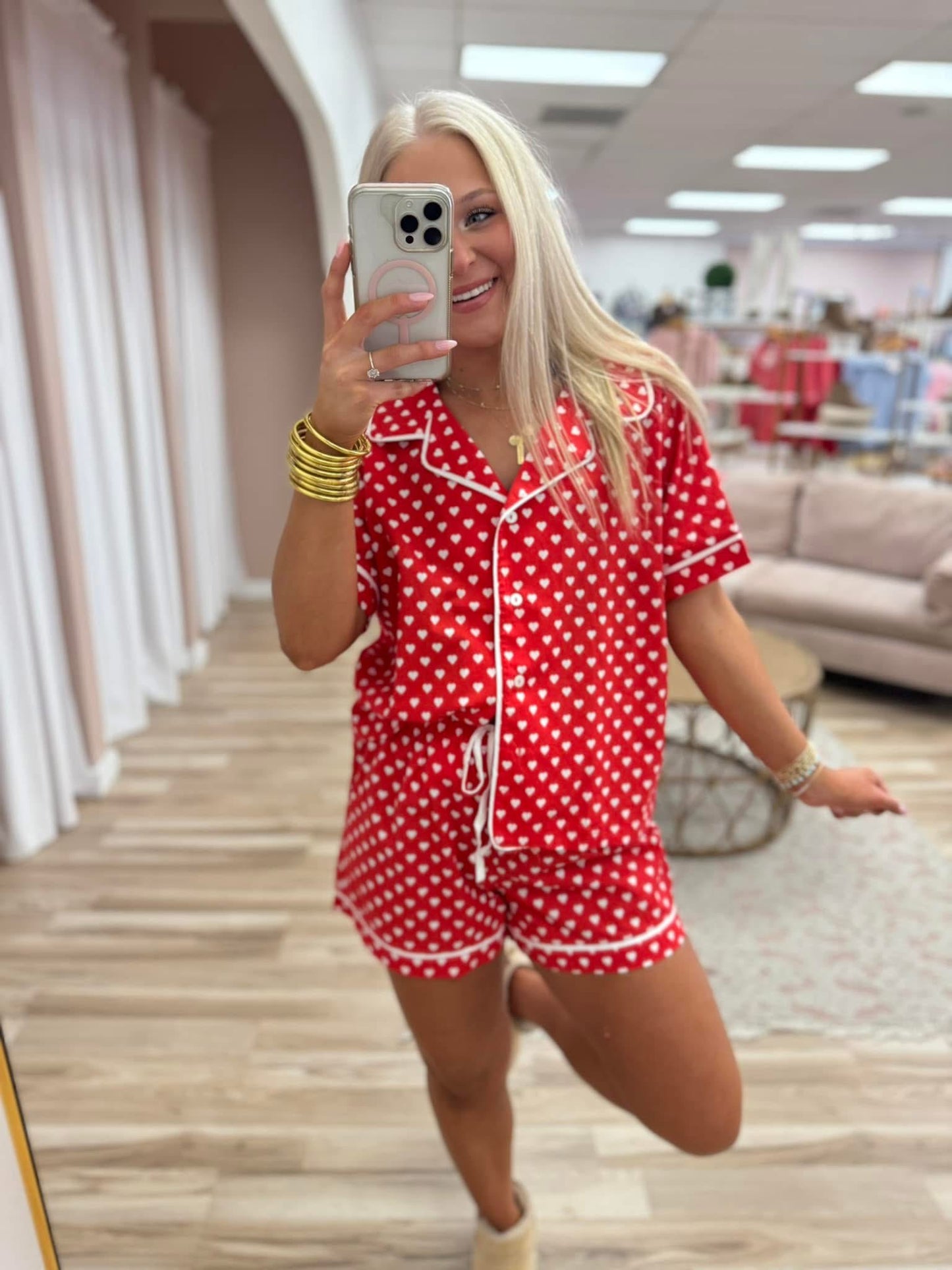 Red Heart Button Down Pajamas