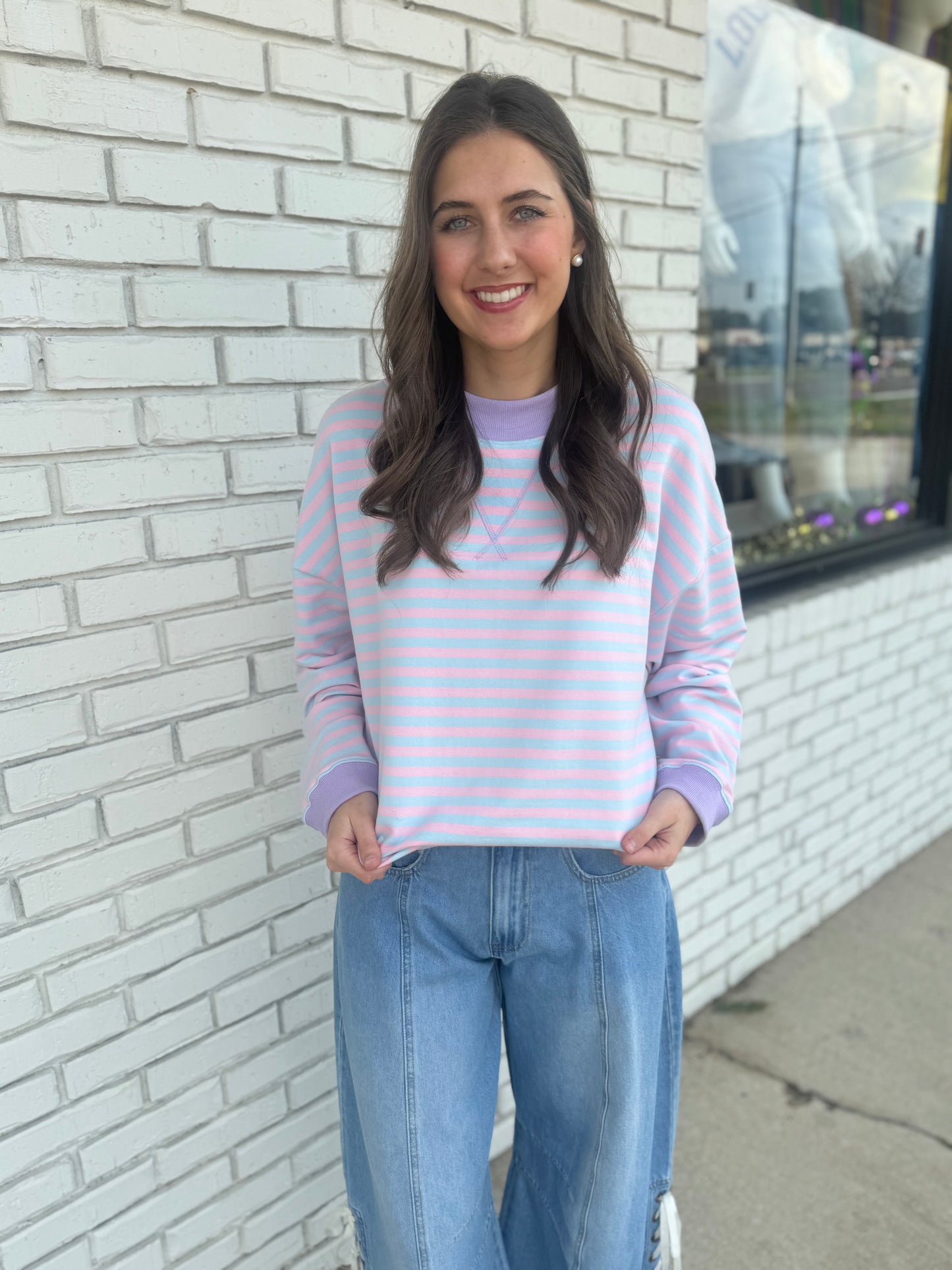 Blue/Pink Striped Mock Neck Pullover