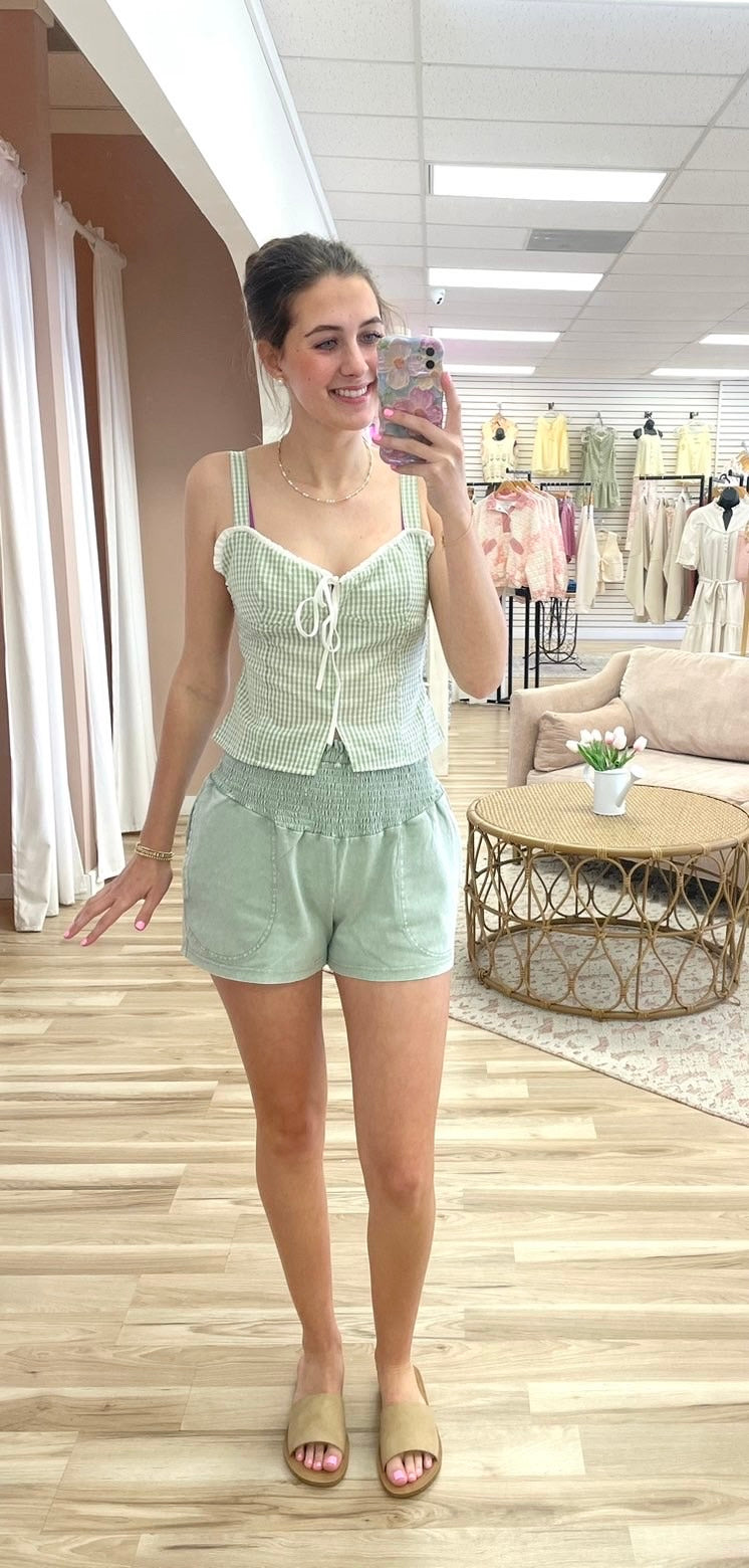 Sage Gingham Tie Front Frilly Tank