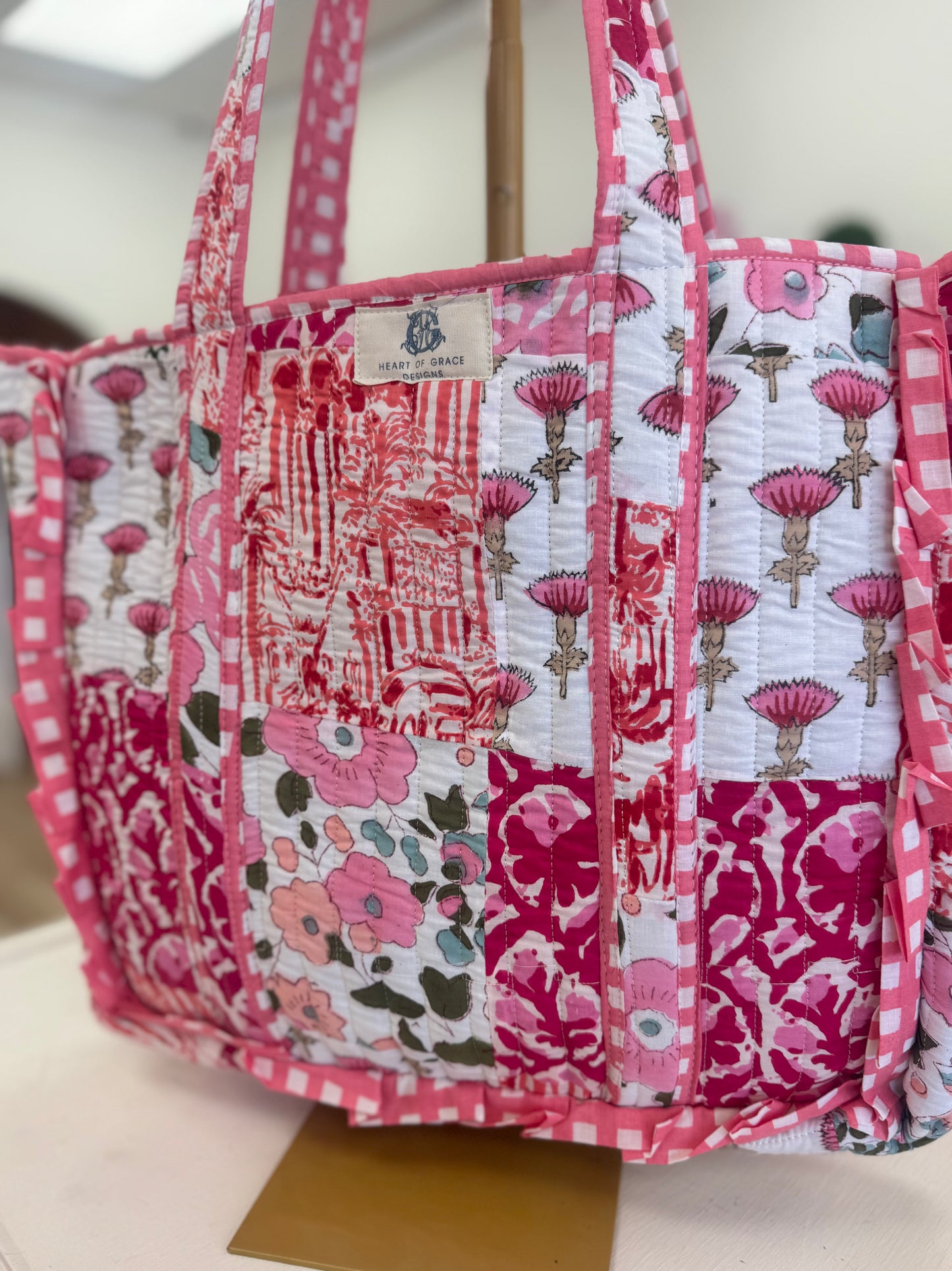 Pink Floral Quilted Tote Bag