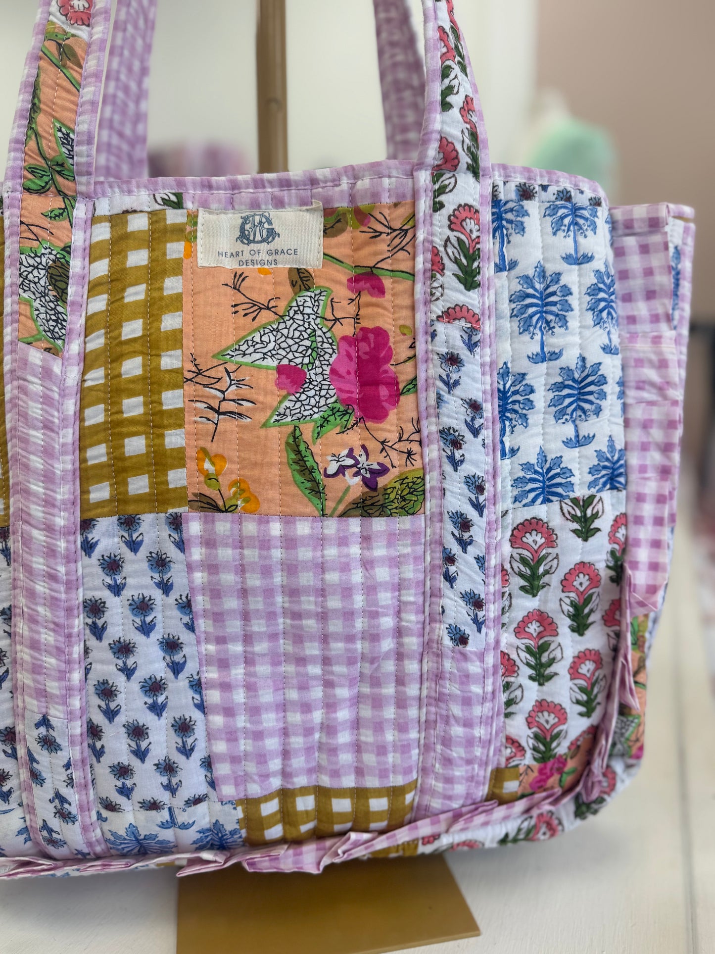 Gingham Floral Print Tote Bag