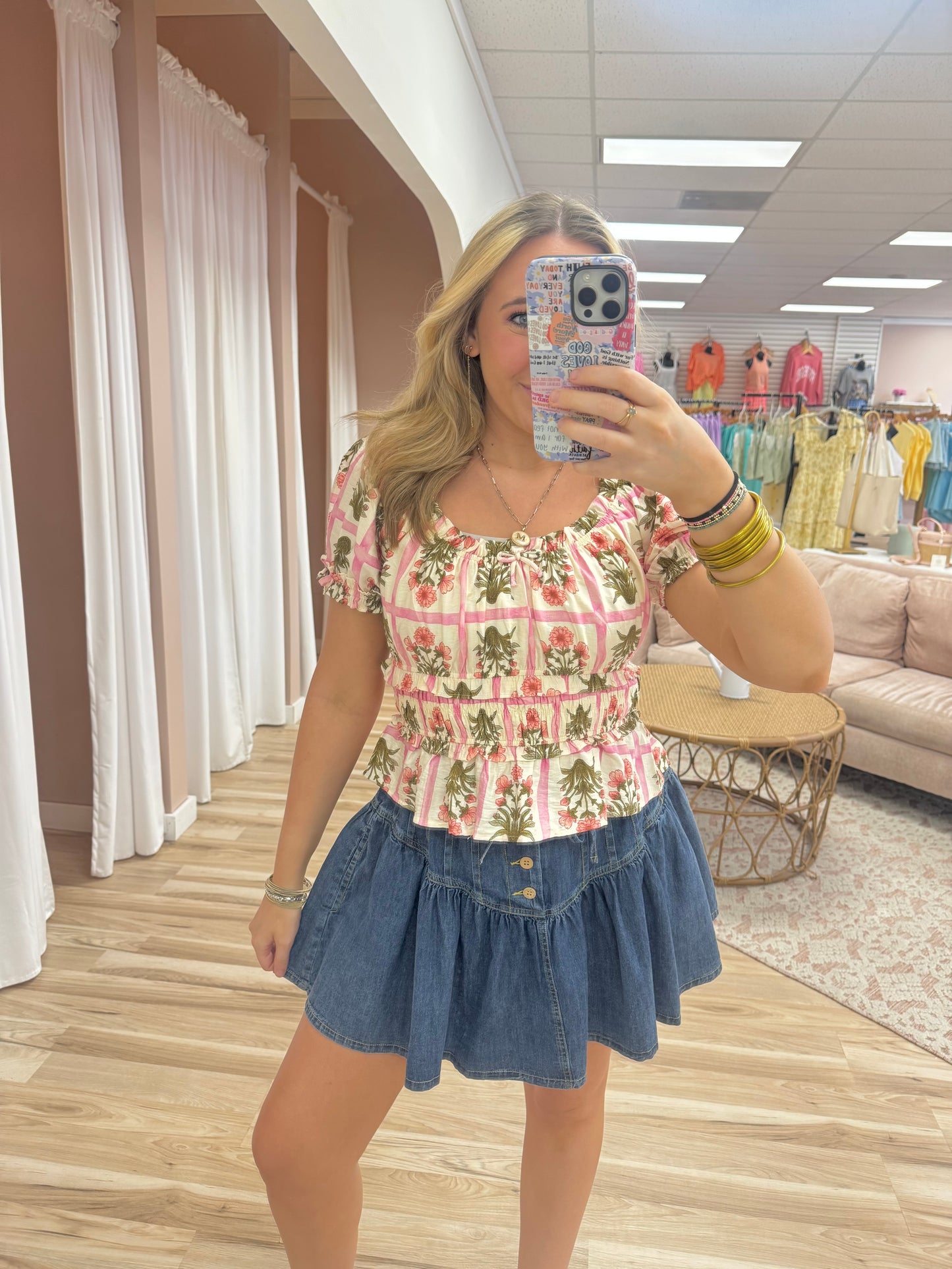 Pink Florals Smocked Scoop Top